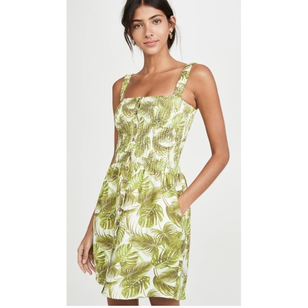 Chaser Dress Womens Medium Green Tropical Palm Leaf Linen Blend Smocked Boho